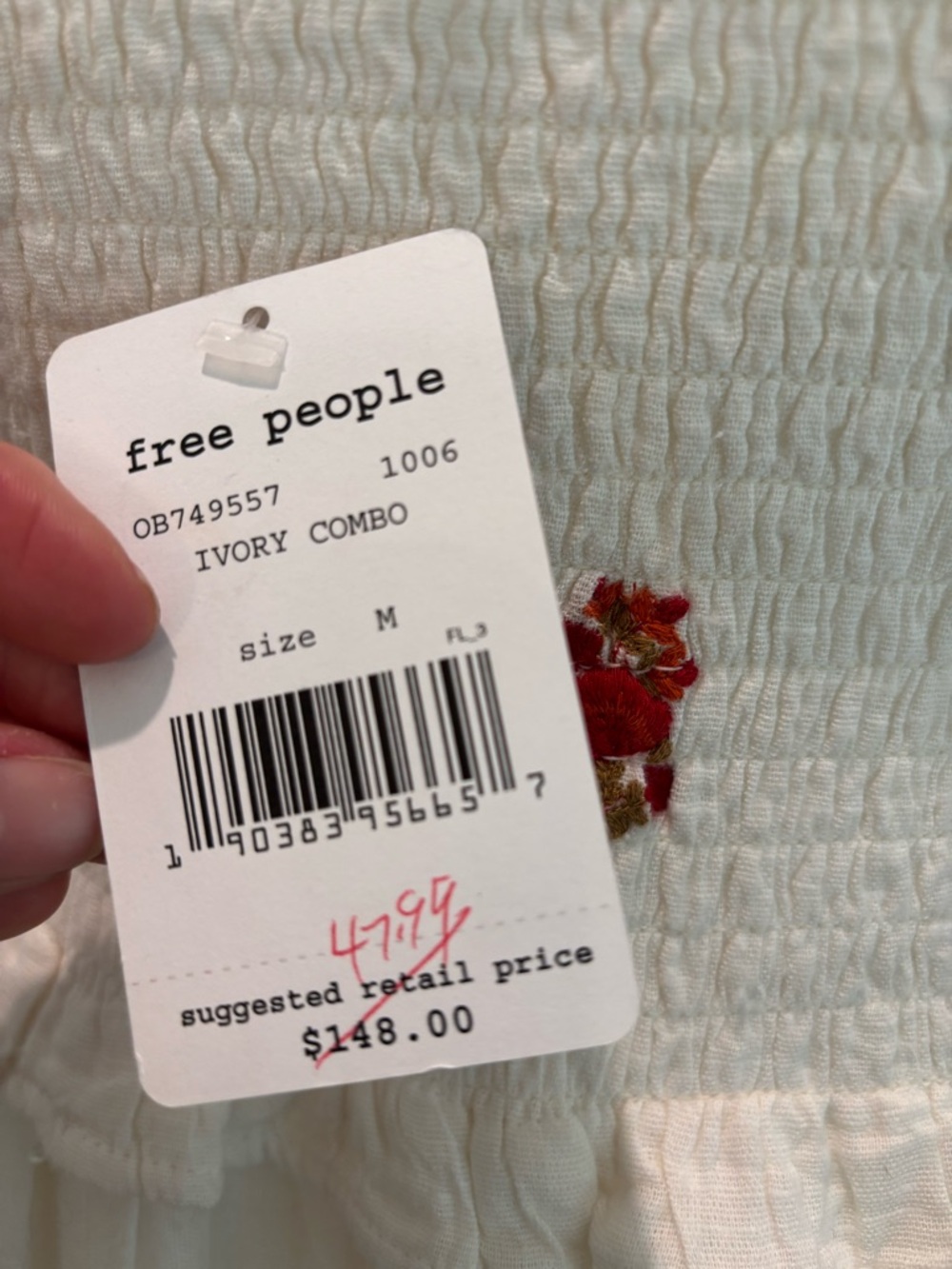 Free People Cream Smocked Bodice Mini Dress with Red Floral Embroidery - Picture 4 of 4